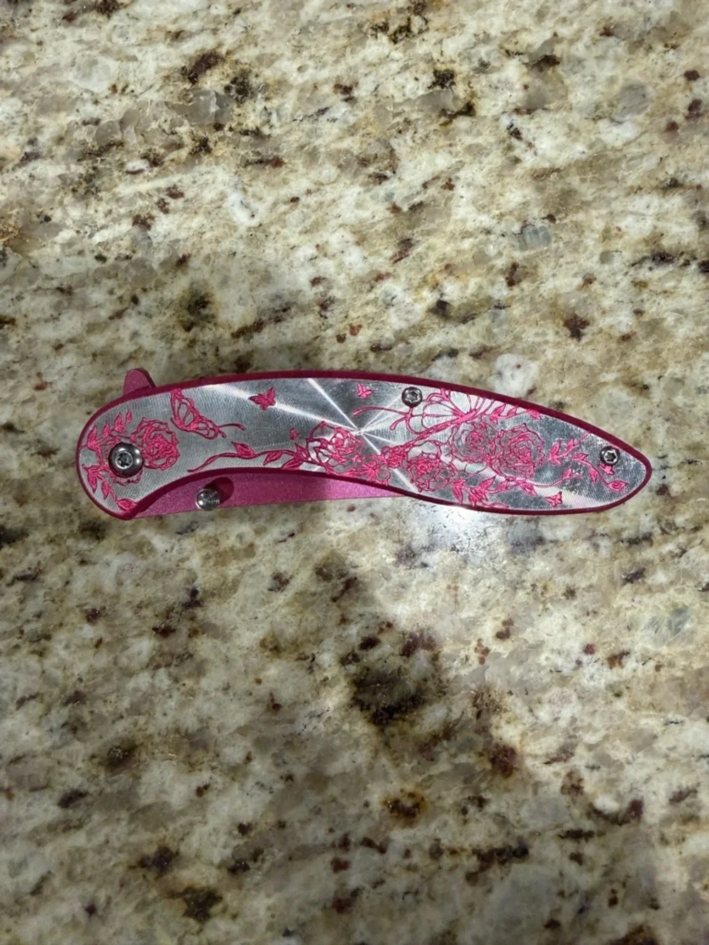 Falcon Pink Silver Floral Butterfly Aluminum Handle Folding Pocketknife